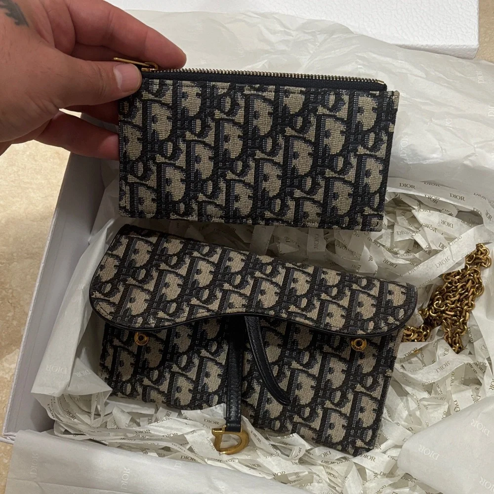 Dior Beige & Black Monogram Saddle Chain Bag with Gold Hardware - Picture 2 of 6